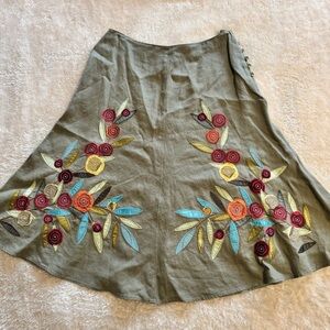 Vintage J. Jill 100% linen green colorful floral appliqué embroider skirt size 8